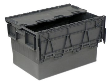 Black nestable container with hinged lid and UV protection