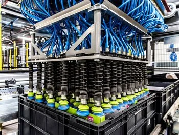 Robotic grippers lifting products from Utz bin