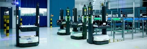 KLT containers transported by robots at SICK warehouse