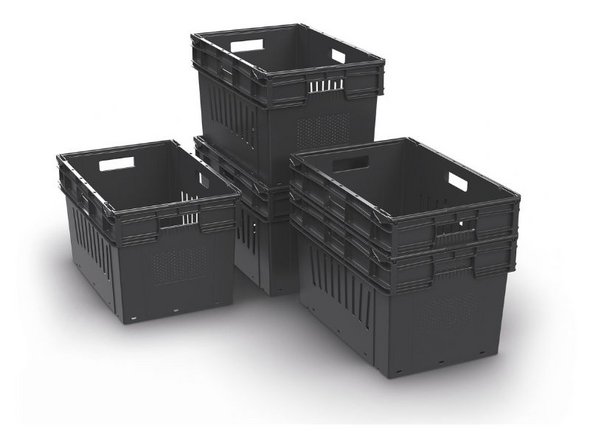 Black nestable plastic totes from Utz