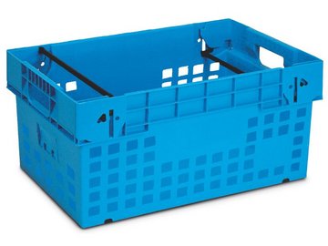 Blue nestable container with perforated walls